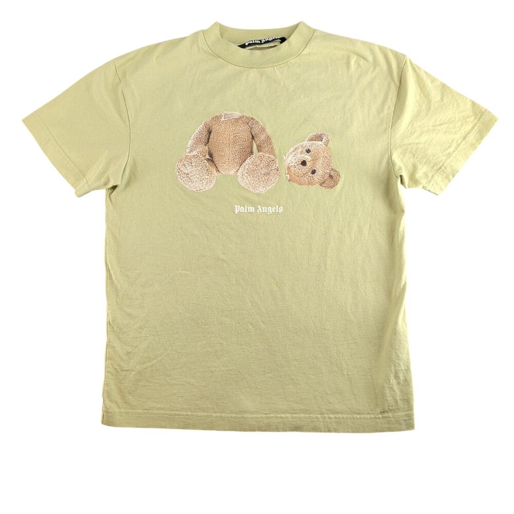 Palm Angels T-Shirt Men's M Green Beige Teddy Bear Print Organic Cotton